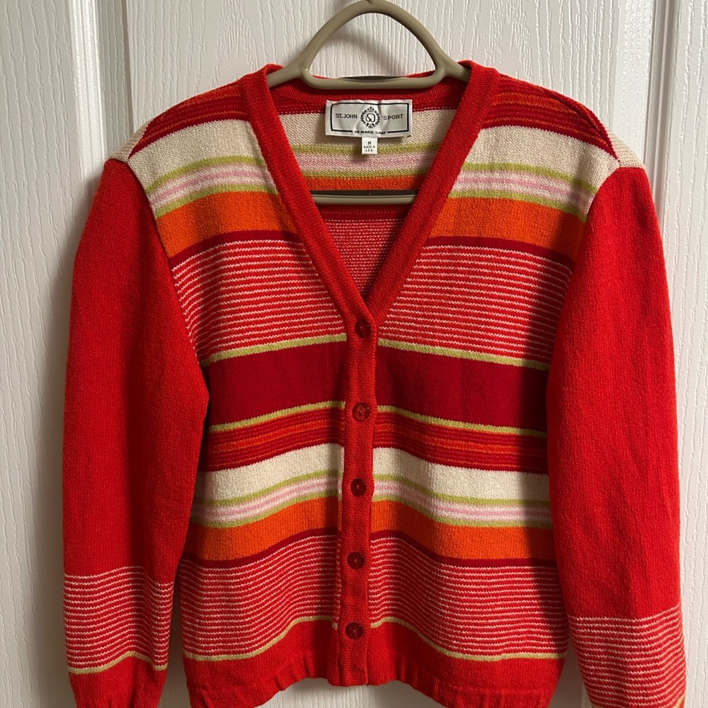St. John Red and Orange Striped Cardigan